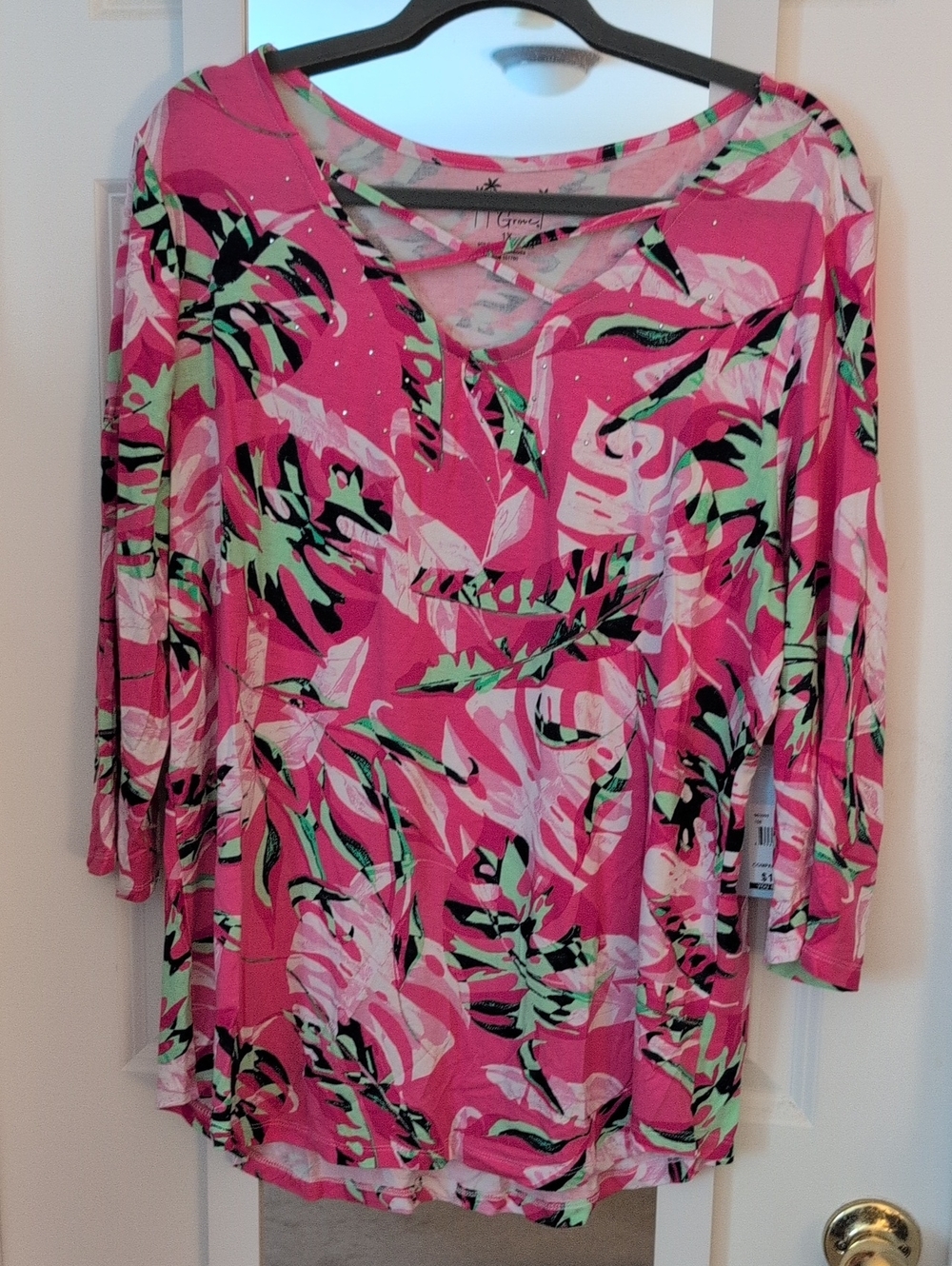 Bright Pink Tropical Print V-Neck Tunic Top